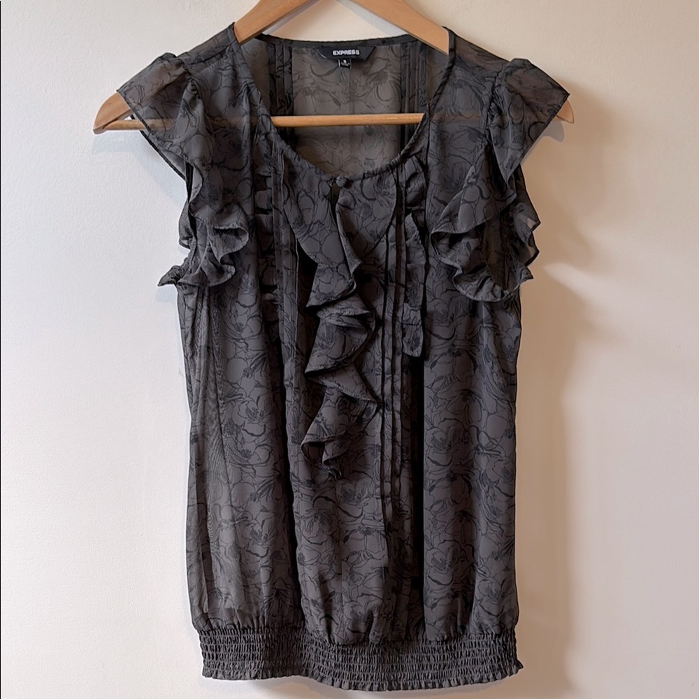 Express Ruffled Gray Sheer Blouse